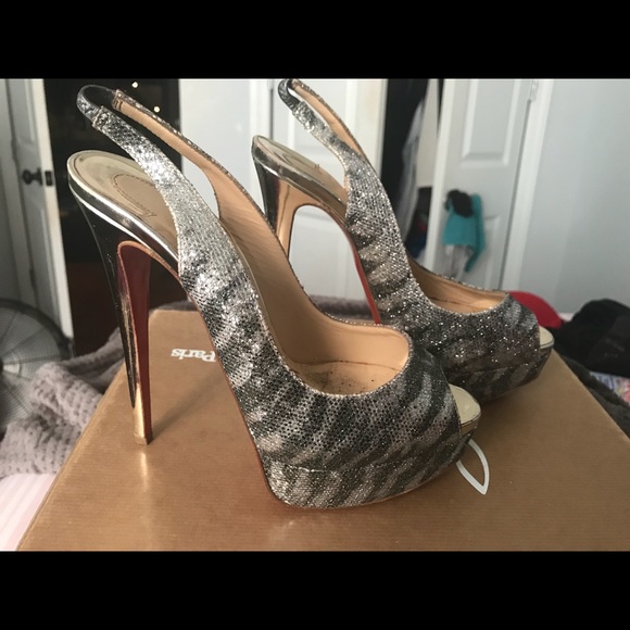 Christian Louboutin Sz 37 Lady Peep Glitter Heels - Picture 1 of 5